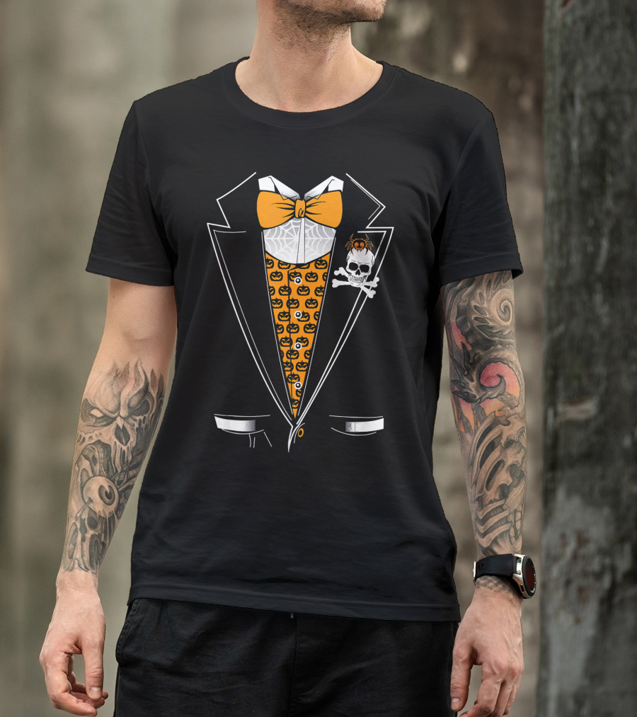 Halloween Tuxedo 3D Style Skull Pumpkin Spider Bowtie T-Shirt