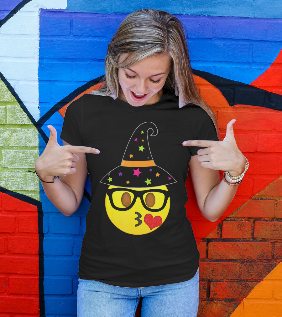 Funny Halloween Witch Hat Emoji Nerd Glasses Kissy Face T-Shirt