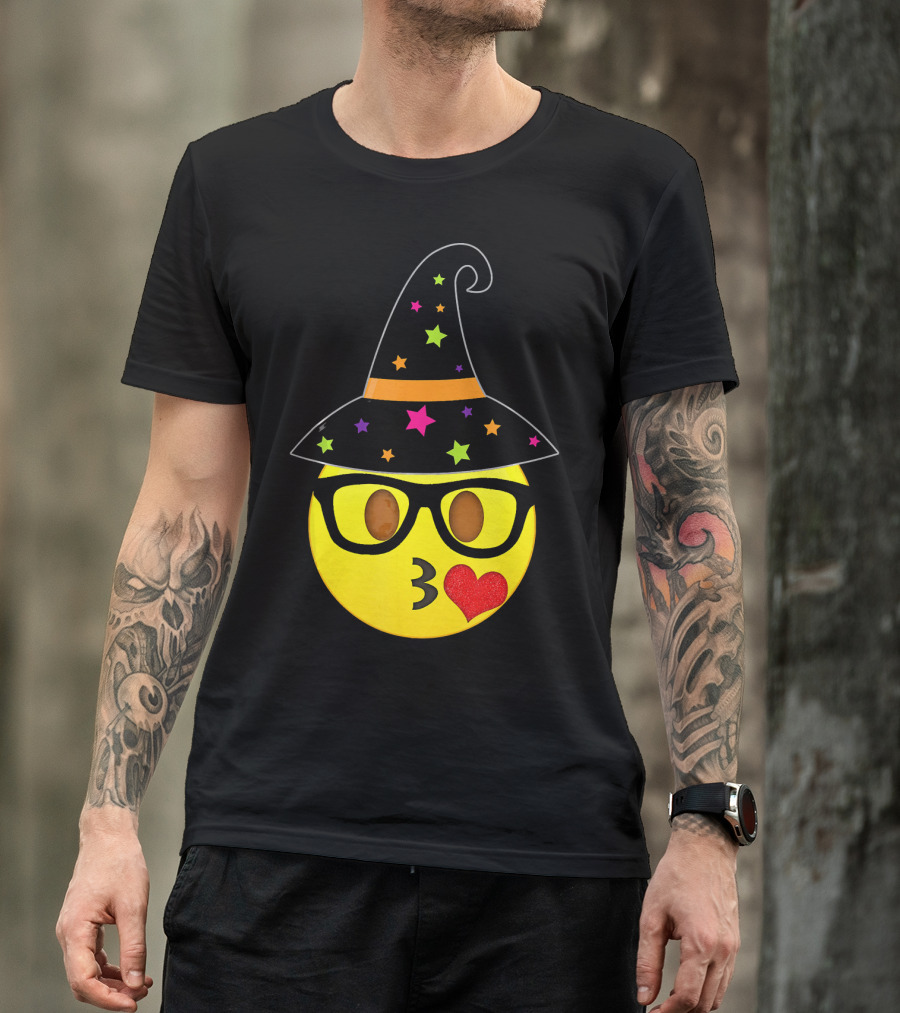 Funny Halloween Witch Hat Emoji Nerd Glasses Kissy Face T-Shirt