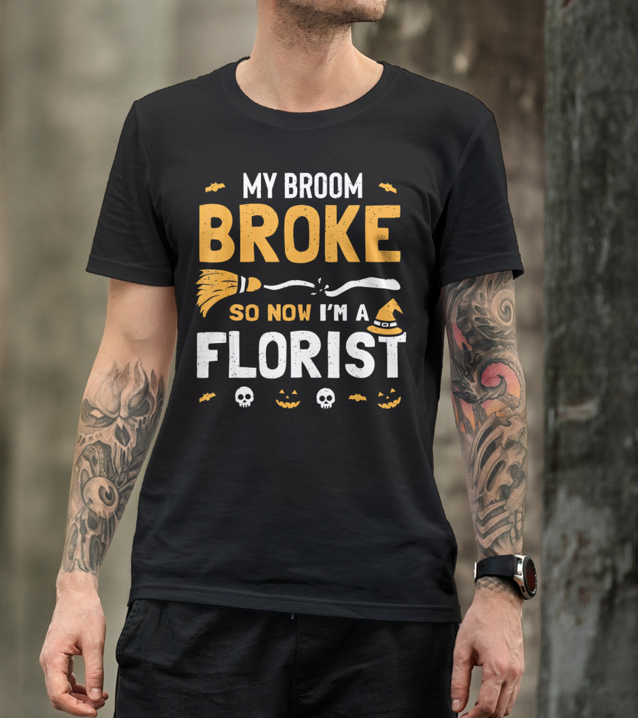 Broke Broom Halloween Florist Costume With Witch Hat And Pumpkins T-Shirt
