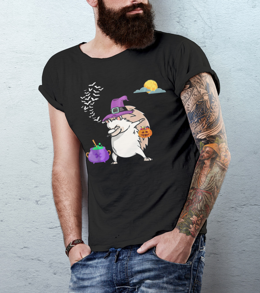 Dabbing Hedgehog Witch Halloween Costume With Cauldron Moon And Pumpkin Candy Bucket T-Shirt