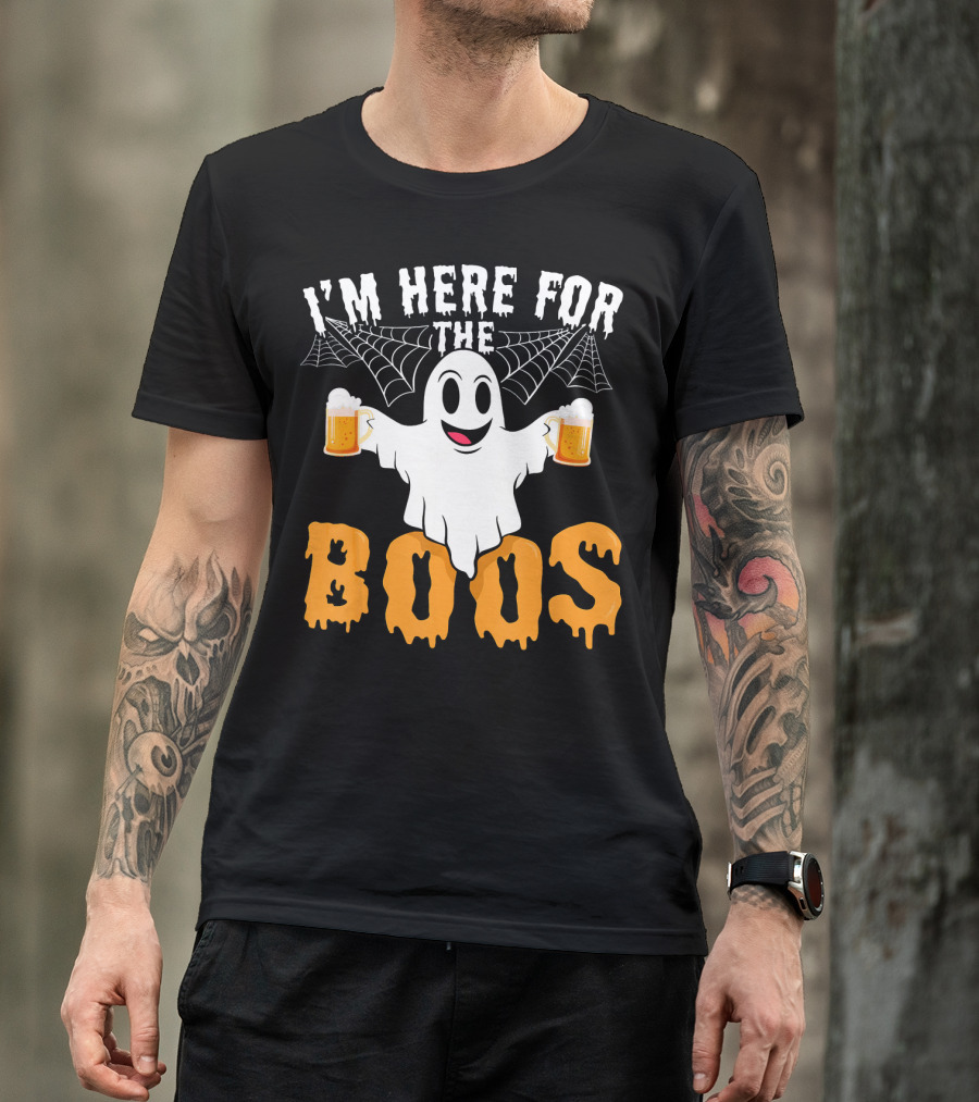 I'm Here For The Boos Halloween Drinking Ghost With Beers T-Shirt