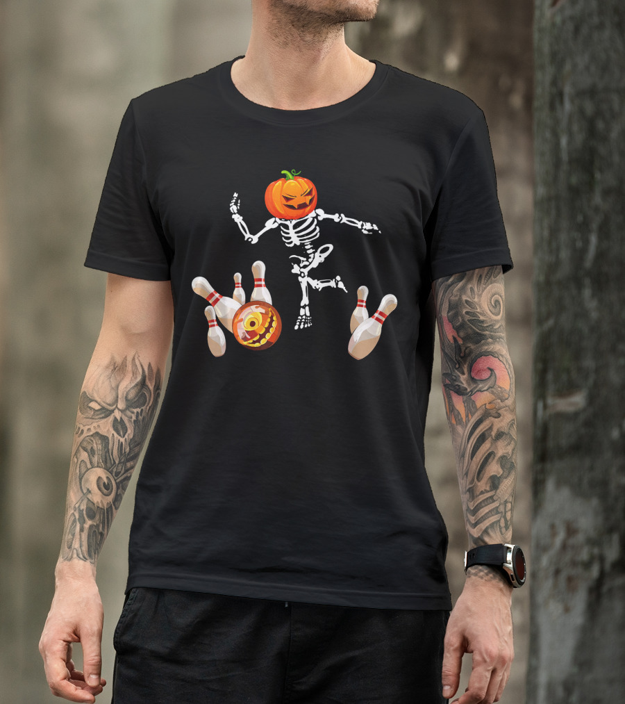 Funny Halloween Pumpkin Head Skeleton Bowling Scene T-Shirt