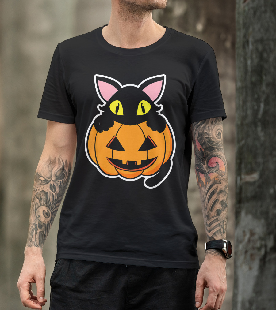 Black Cat Peeking Over Pumpkin Funny Scary Happy Halloween T-Shirt
