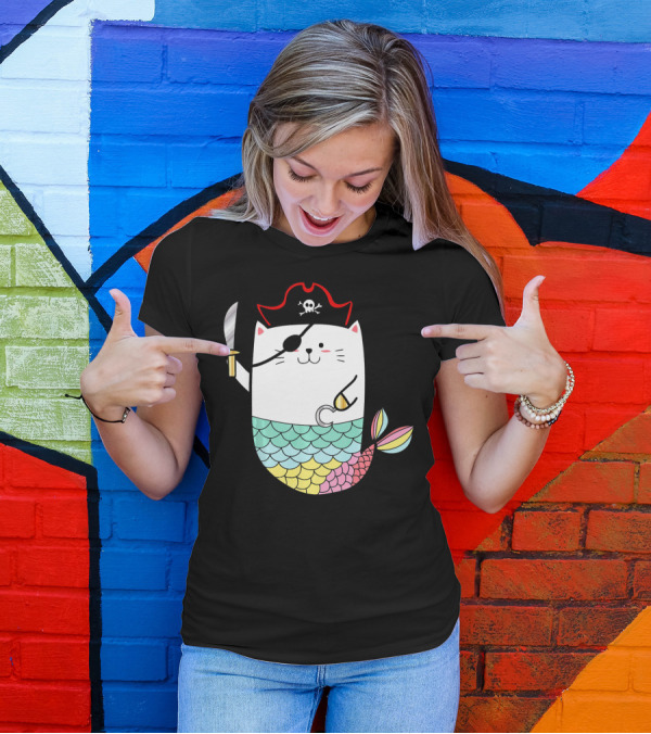 Halloween Mermaid Pirate Cat With Eye Patch And Sword T-Shirt