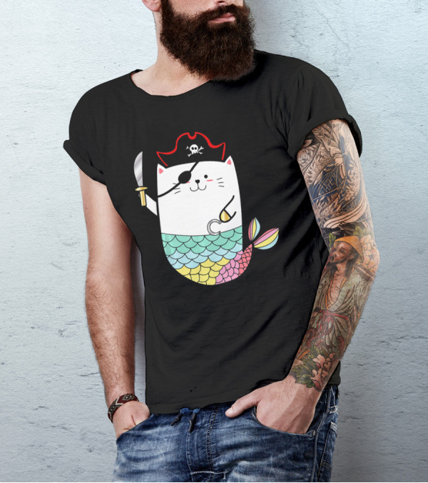 Halloween Mermaid Pirate Cat With Eye Patch And Sword T-Shirt