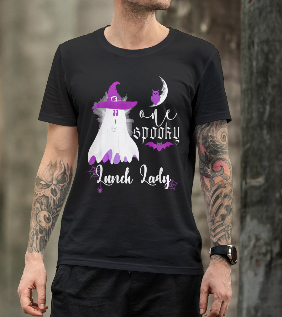 One Spooky Lunch Lady Halloween Ghost With Purple Bat And Moon T-Shirt