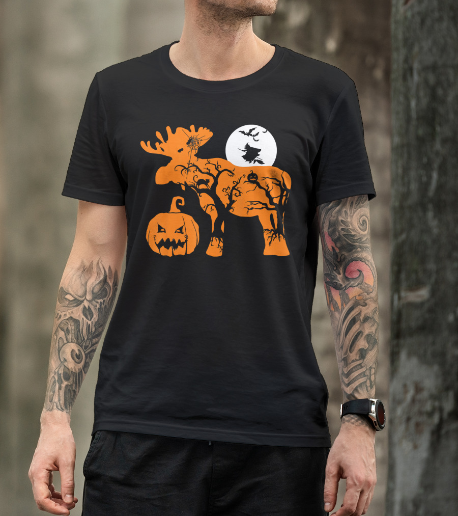 Witch Bat Moon Pumpkin Moose With Spider Web T-Shirt