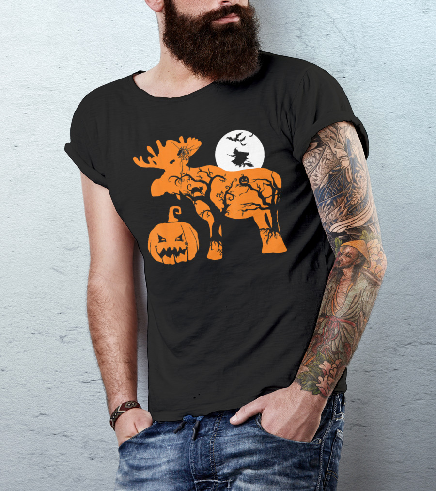 Witch Bat Moon Pumpkin Moose With Spider Web T-Shirt
