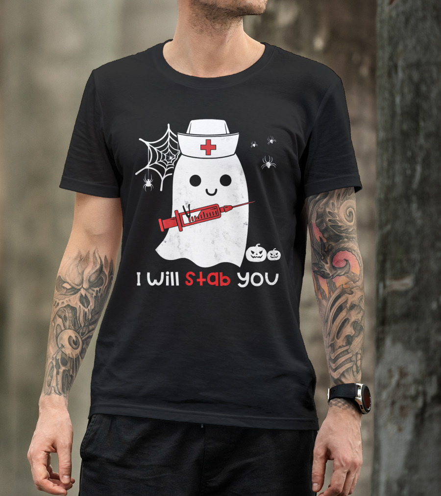 Nurse Ghost I Will Stab You Halloween Spiders Pumpkins T-Shirt