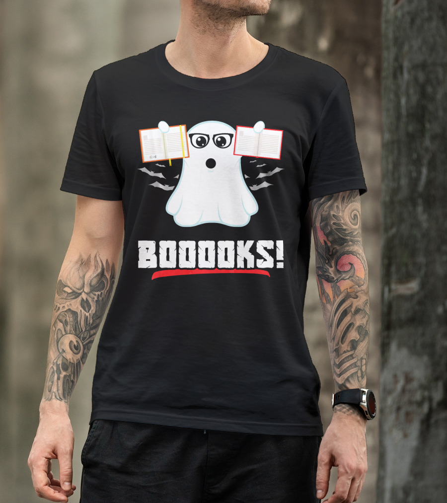 BOOOOKS Boo Ghost Reading Book Lib With Bats And Glasses T-Shirt