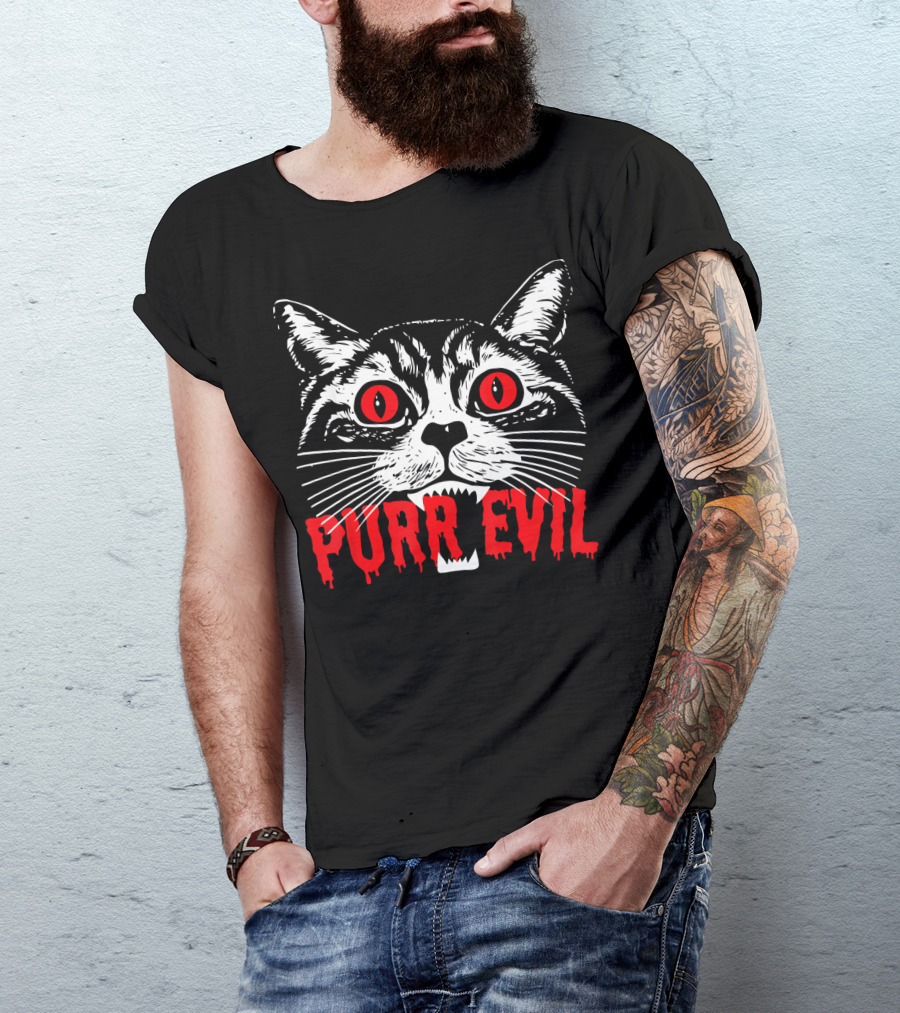 Purr Evil Satanic Cat Red Eyes Halloween T-Shirt