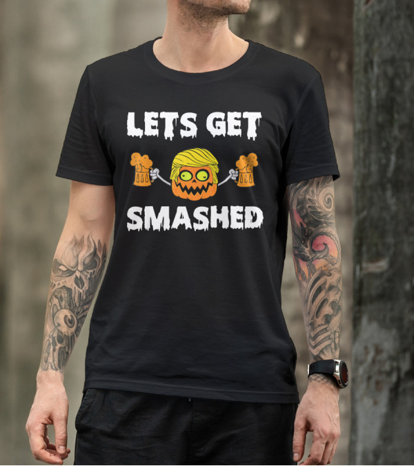 Lets Get Smashed Pumpkin Holding Beer Mugs With Blonde Hair T-Shirt