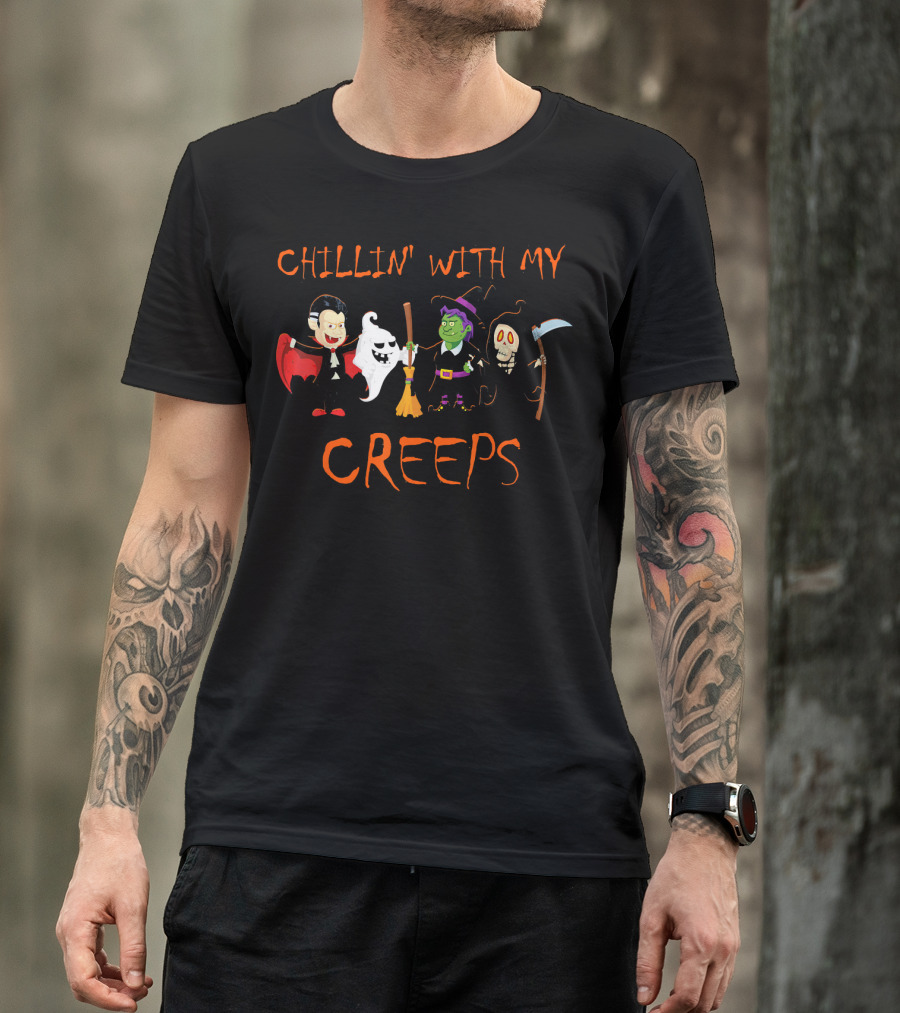 CHILLIN' WITH MY CREEPS Vampire Ghost Witch Scarecrow T-Shirt