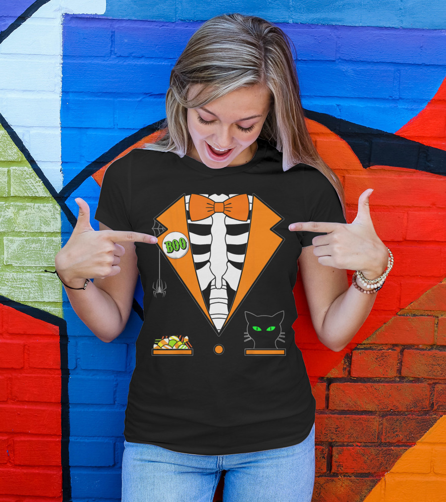 Easy Halloween Costume Orange Skeleton Tuxedo With Candy Bowl And Black Cat T-Shirt