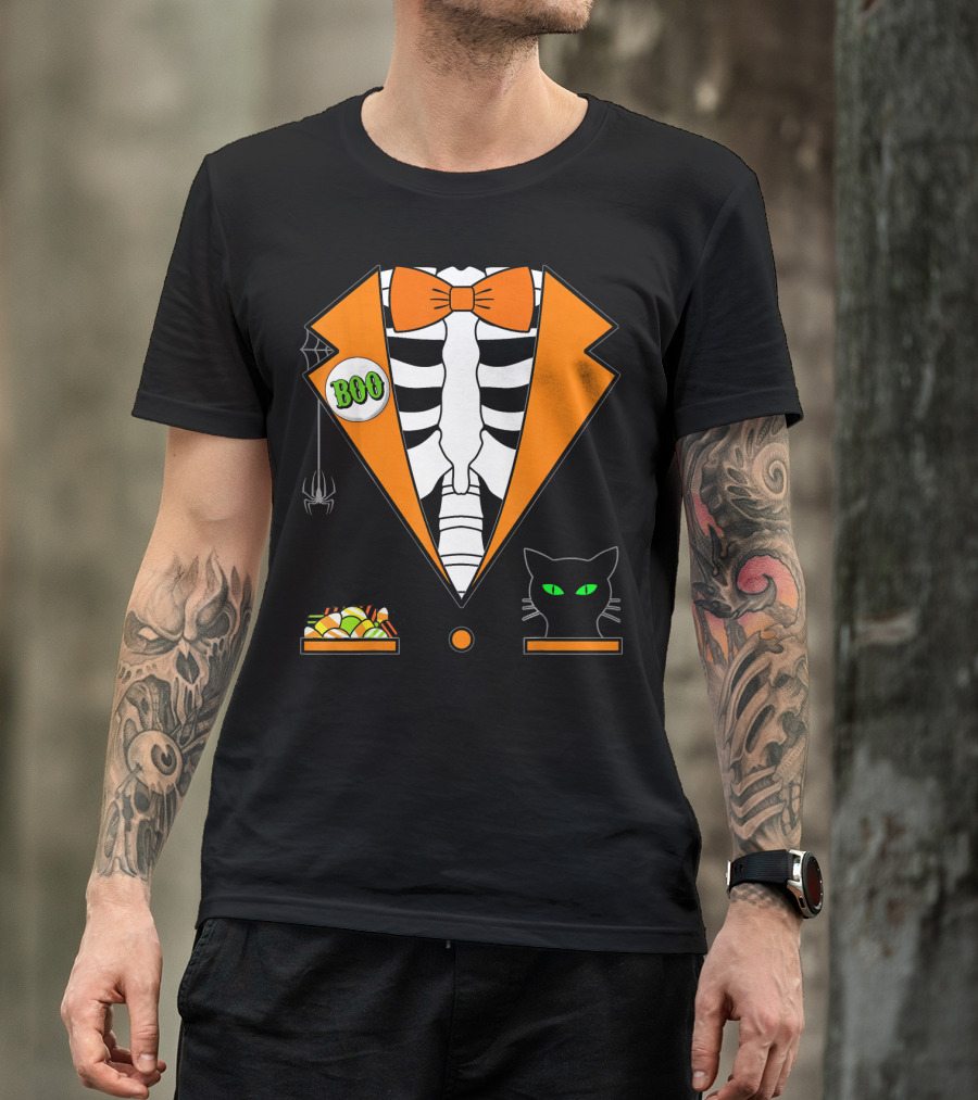 Easy Halloween Costume Orange Skeleton Tuxedo With Candy Bowl And Black Cat T-Shirt