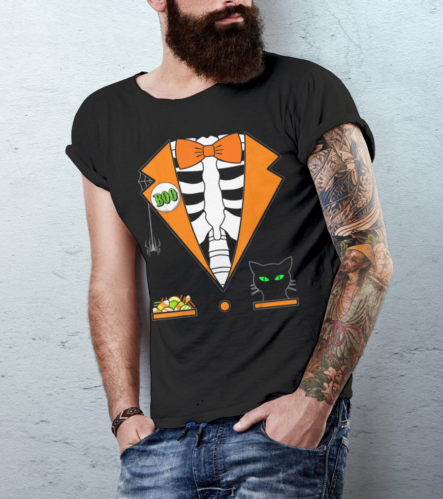 Easy Halloween Costume Orange Skeleton Tuxedo With Candy Bowl And Black Cat T-Shirt
