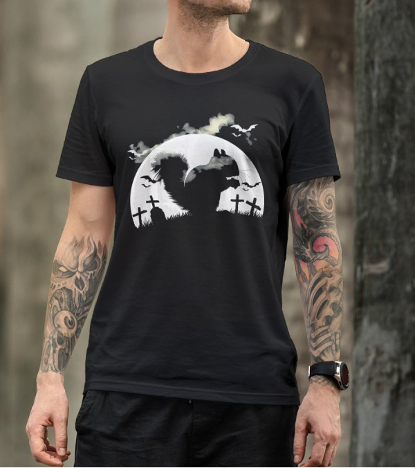 Spooky Halloween Rodent In Graveyard With Full Moon And Bats T-Shirt