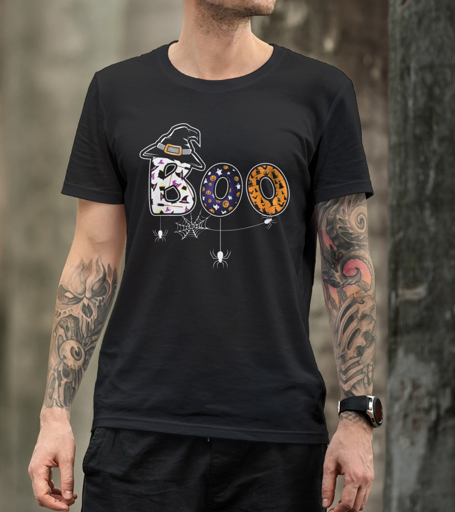 Boo Halloween Witch Hat Spider Web Letters T-Shirt