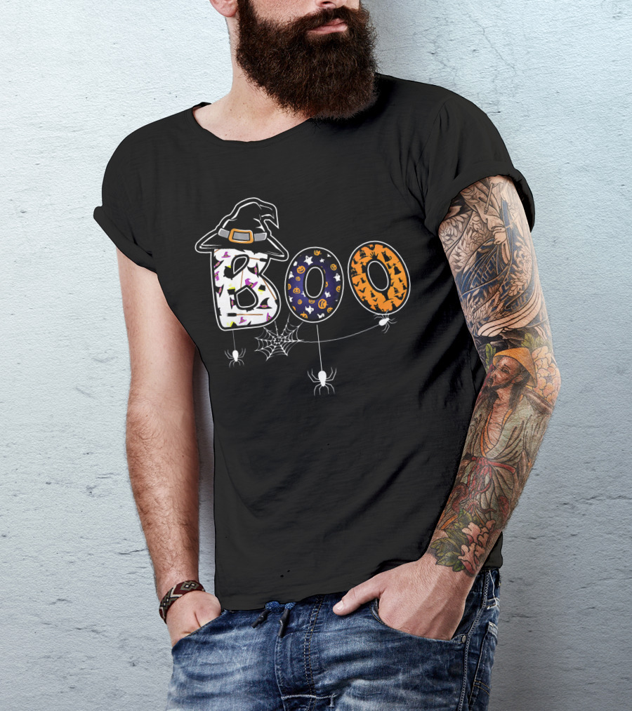 Boo Halloween Witch Hat Spider Web Letters T-Shirt