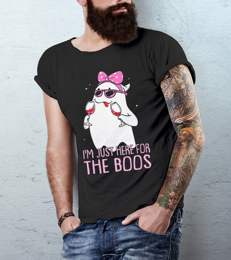 I'm Just Here For The Boos Wine Lover Ghost With Bow And Sunglasses T-Shirt