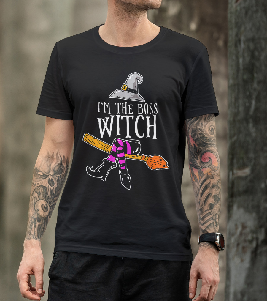 I'm The Boss Witch Funny Halloween Hat Broomstick Boots Striped Socks T-Shirt