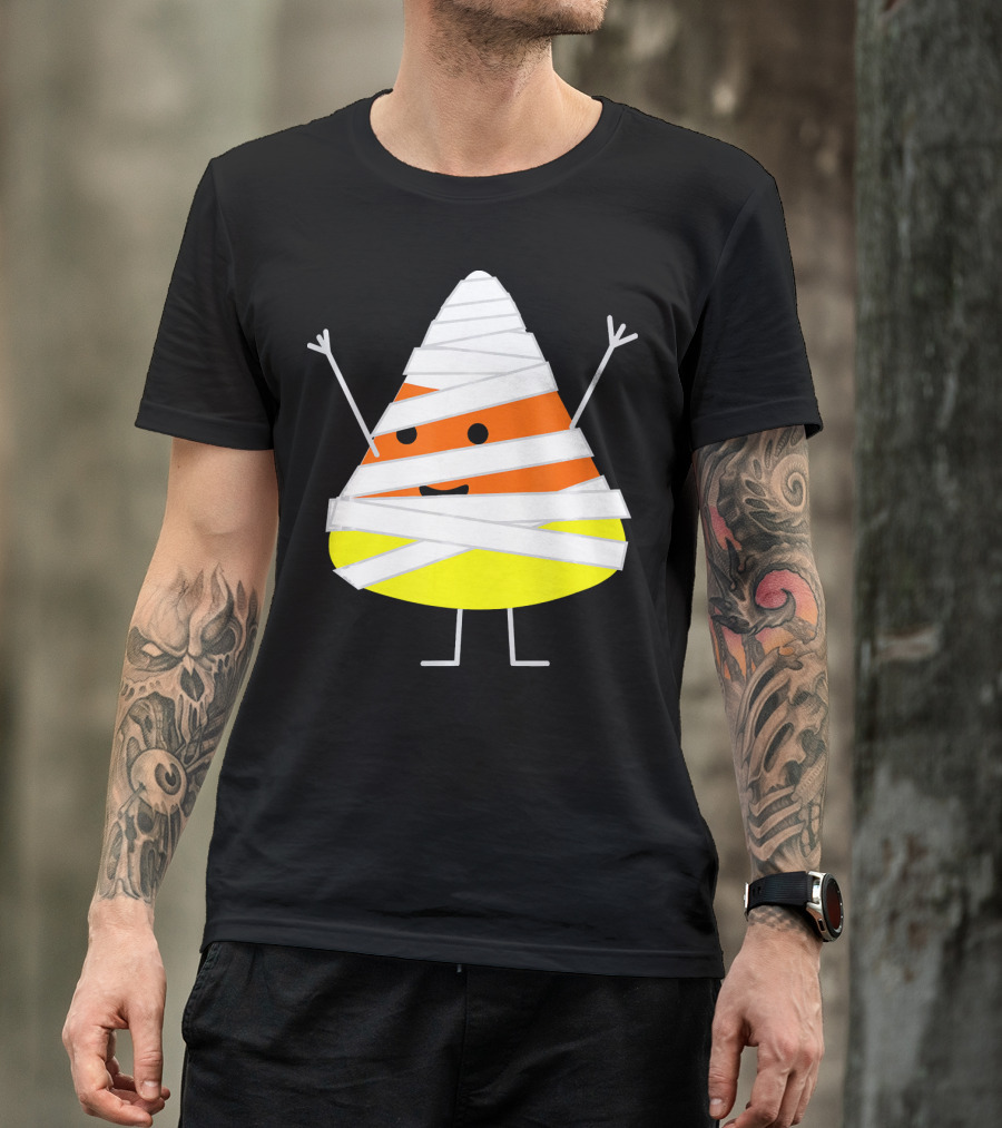 Mummy Wrapped Cartoon Candy Corn Halloween T-Shirt