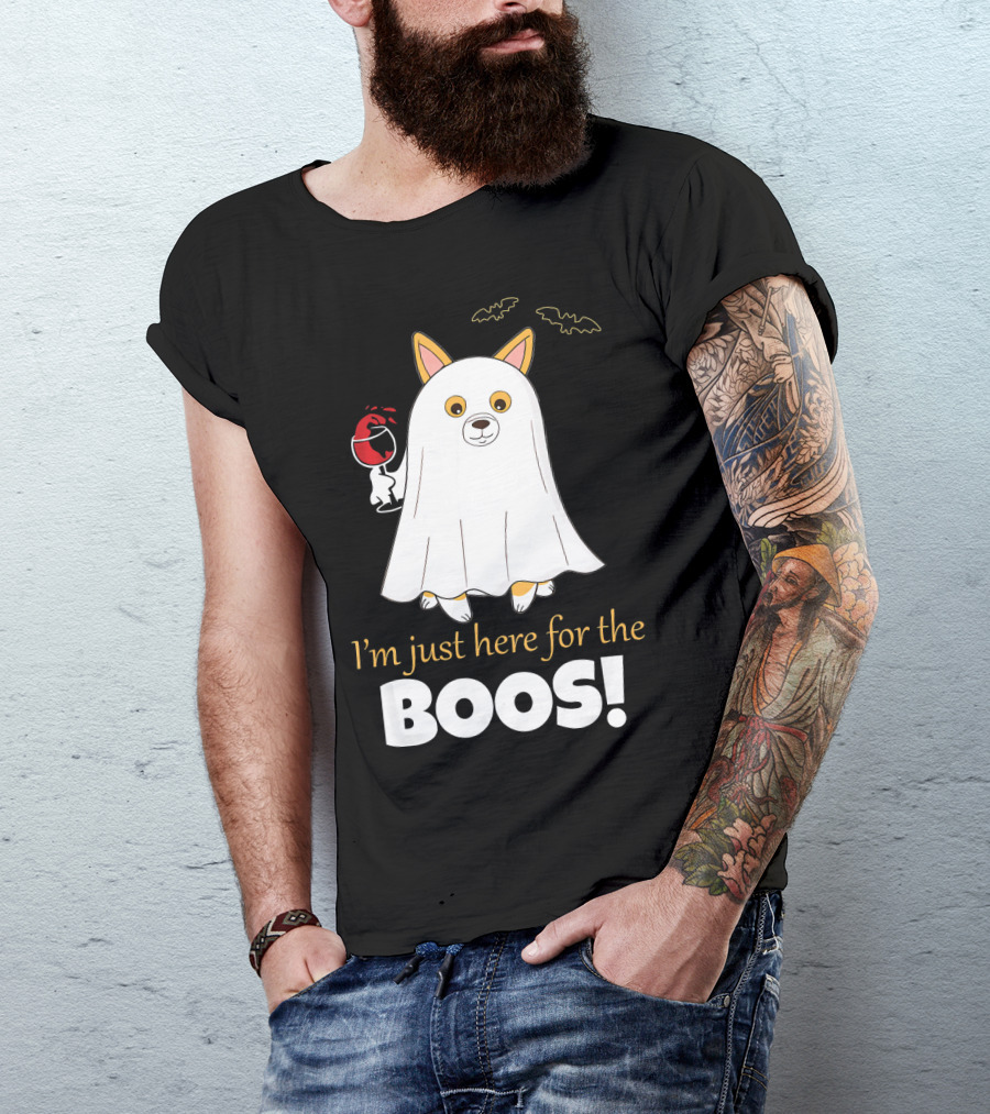 I'm Just Here For The Boos Corgi With Wine And Bat Decorations T-Shirt