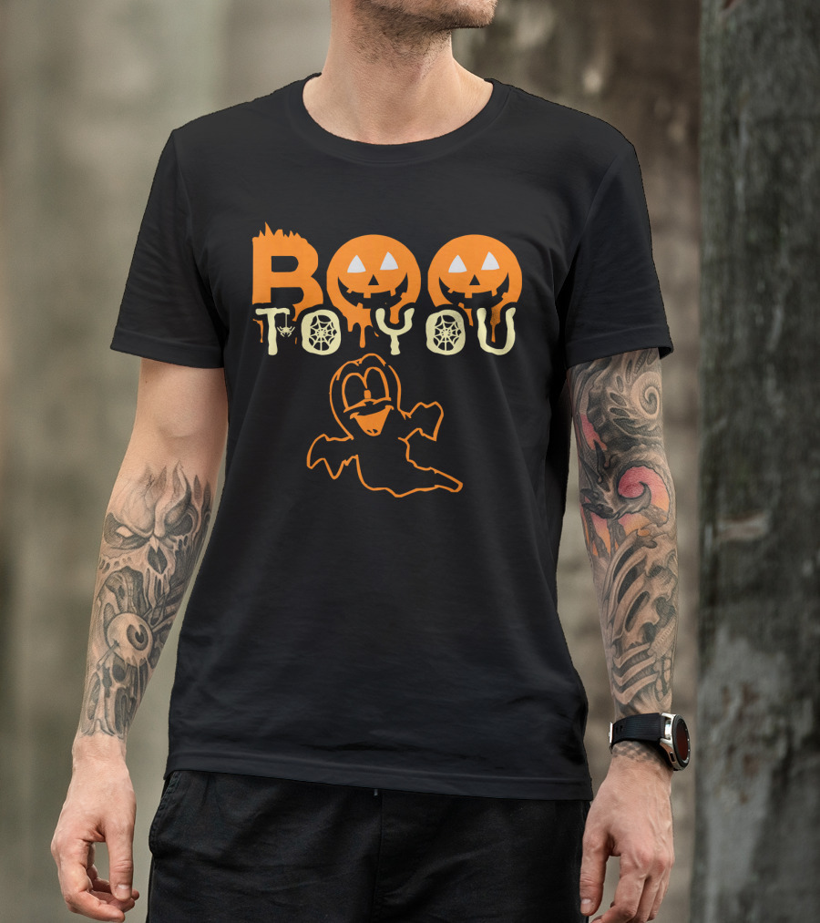 Boo To You Funny Scary Pumpkin Ghost With Spider And Webs T-Shirt