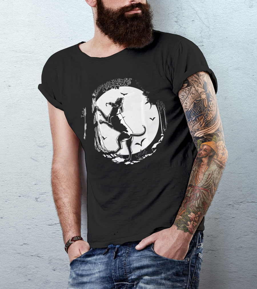 Coonhound Hunting Dog Under Full Moon With Bats And Trees T-Shirt