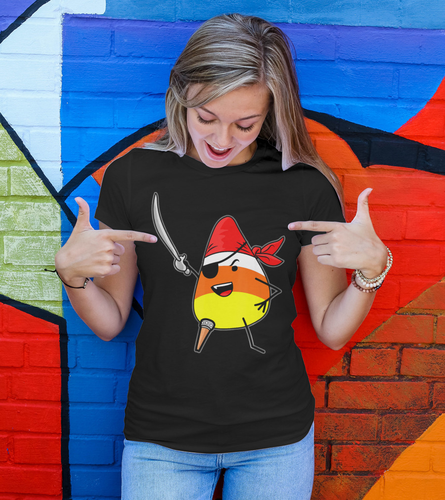 Candy Corn Pirate With Jolly Roger Sword Halloween T-Shirt