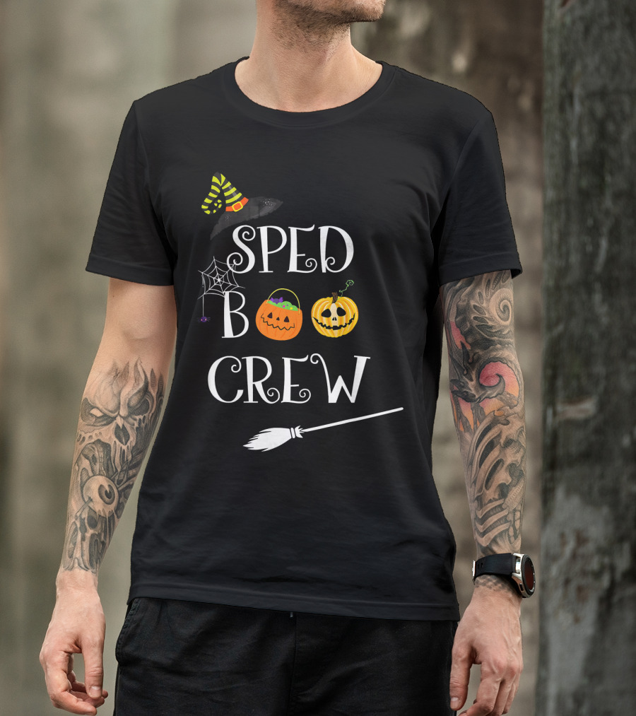 SPED BOO CREW Special Education Teacher Halloween Witch Hat Pumpkin Broom Decor T-Shirt