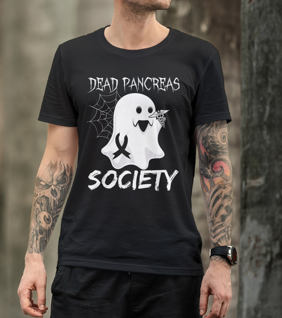 Dead Pancreas Society Ghost With Ribbon And Caduceus Diabetes Awareness T-Shirt