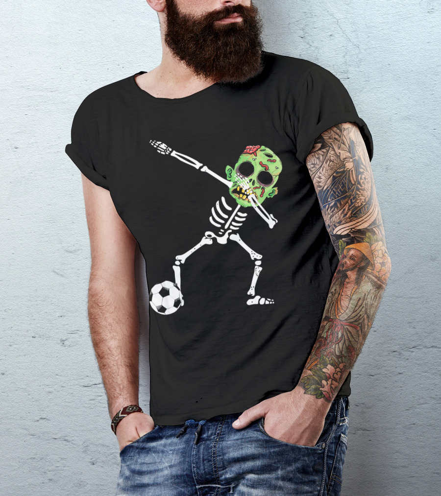 Dabbing Skeleton Soccer Zombie With Green Head T-Shirt