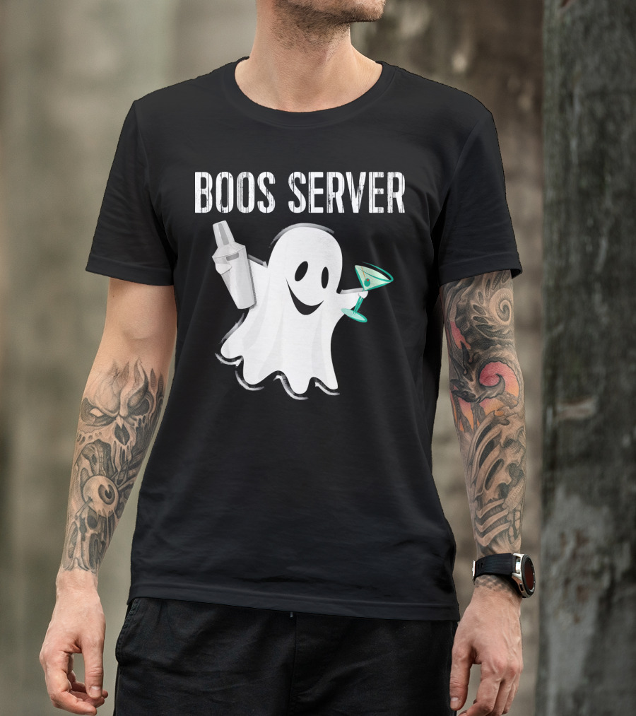 Boos Server Ghost Holding Cocktail Shaker And Martini T-Shirt