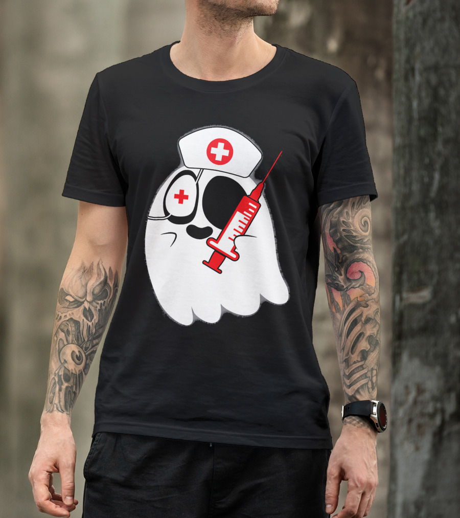 Funny Ghost Nurse Emoji With Syringe Nurse Hat T-Shirt