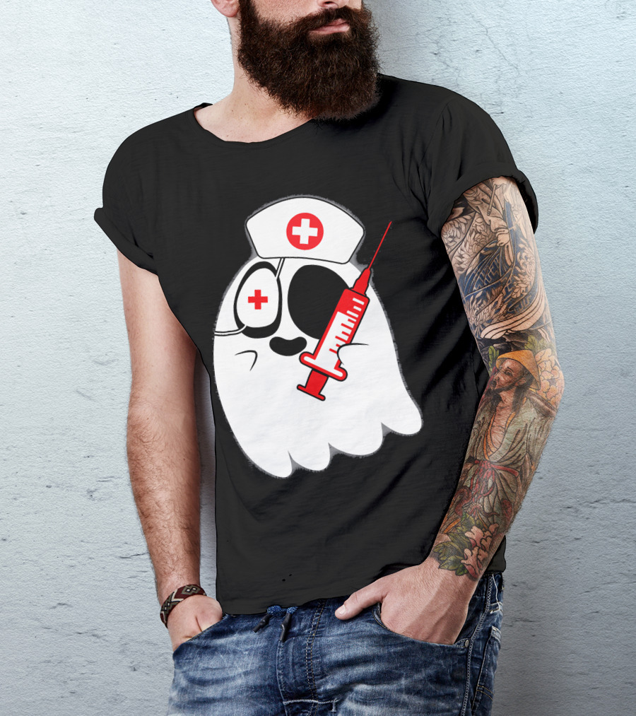 Funny Ghost Nurse Emoji With Syringe Nurse Hat T-Shirt