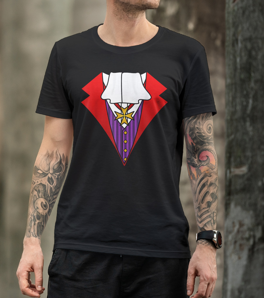 Easy Halloween Costumes Dracula Tuxedo Red Jacket Purple Vest White Cravat T-Shirt