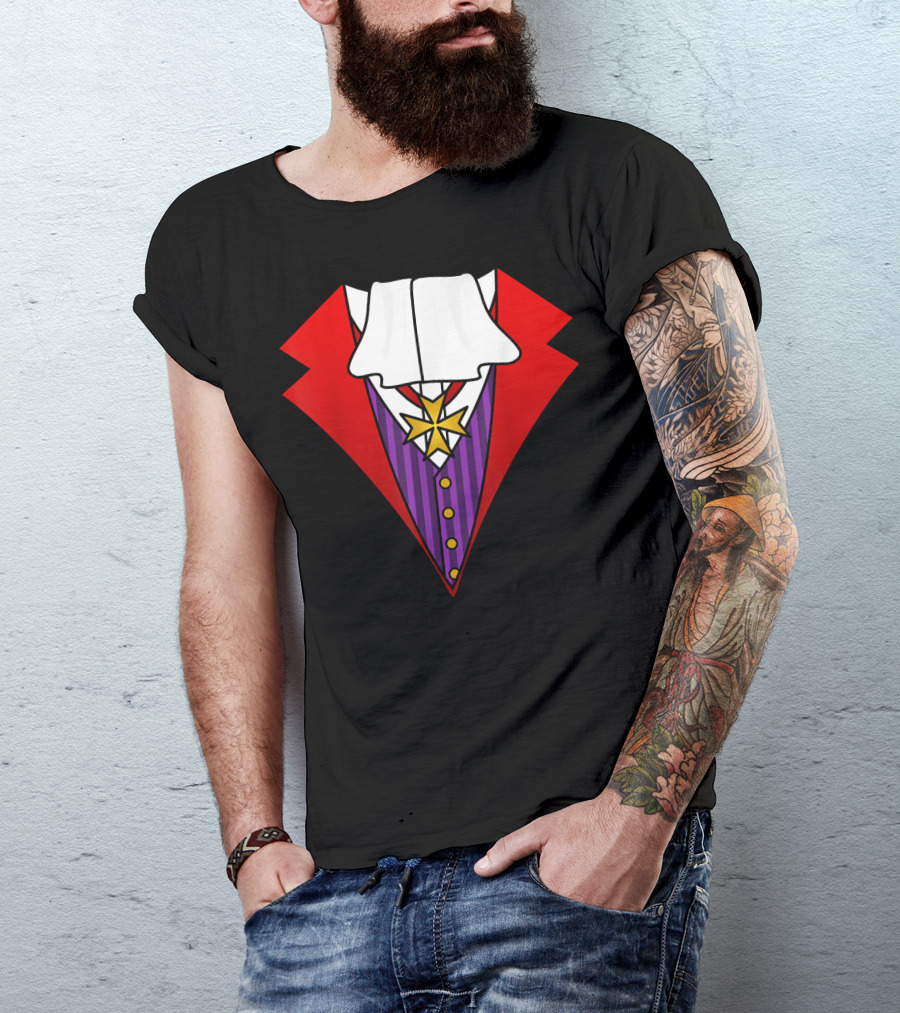 Easy Halloween Costumes Dracula Tuxedo Red Jacket Purple Vest White Cravat T-Shirt