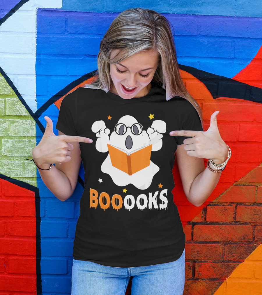 Booooks Ghost With Glasses Holding Orange Book And Stars T-Shirt