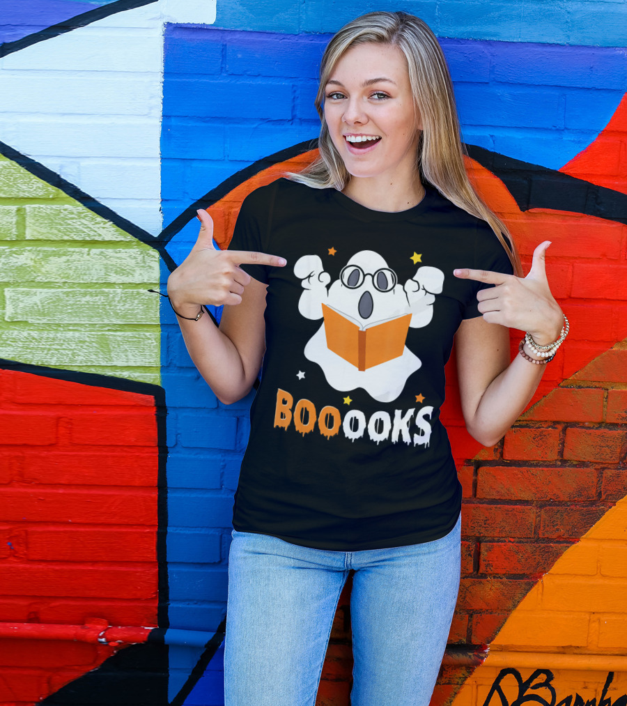 Booooks Ghost With Glasses Holding Orange Book And Stars T-Shirt