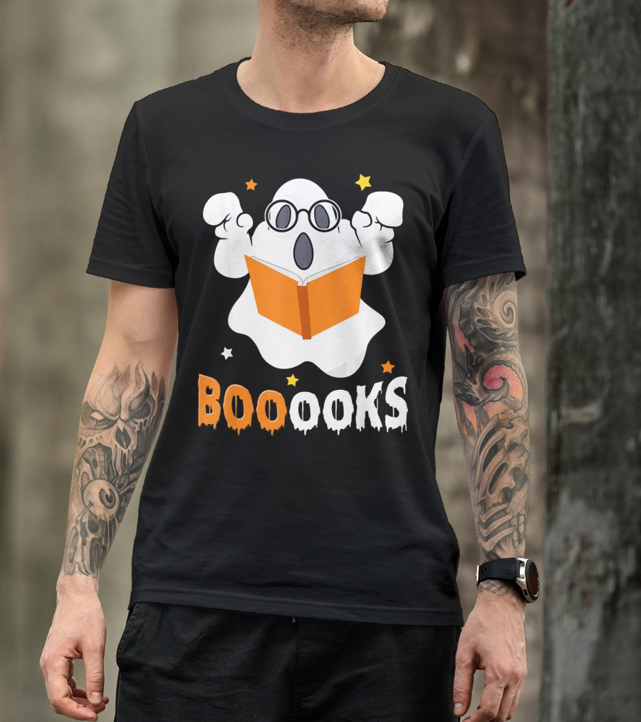 Booooks Ghost With Glasses Holding Orange Book And Stars T-Shirt