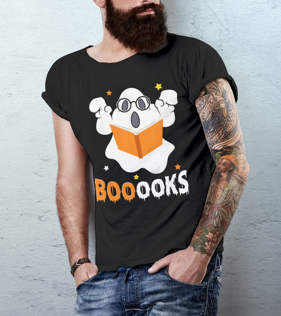 Booooks Ghost With Glasses Holding Orange Book And Stars T-Shirt
