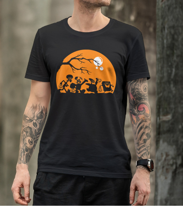 Spongebob Squarepants Halloween Group Silhouette Against Orange Moon T-Shirt