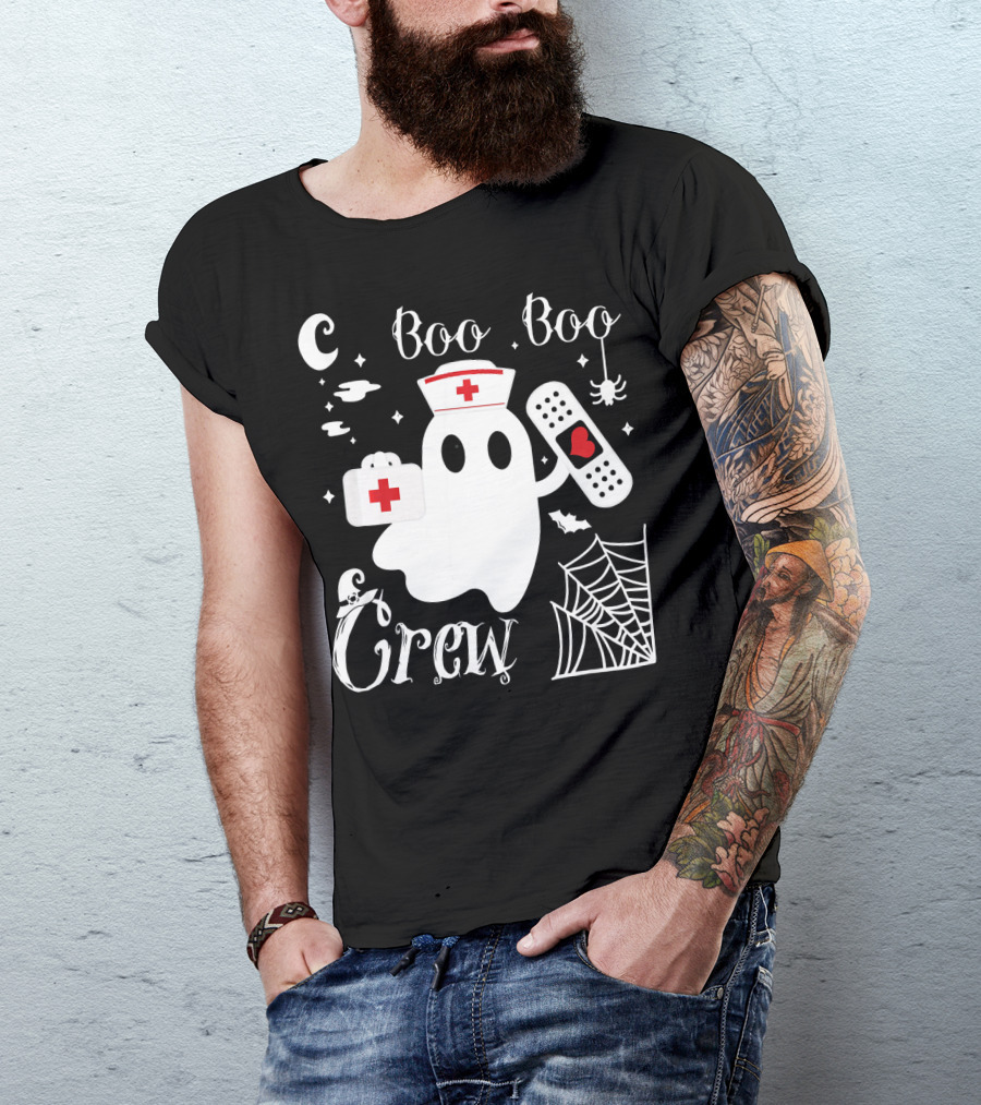 Boo Boo Crew Ghost Nurse With Bandage And Spider Web And Medical Symbols T-Shirt