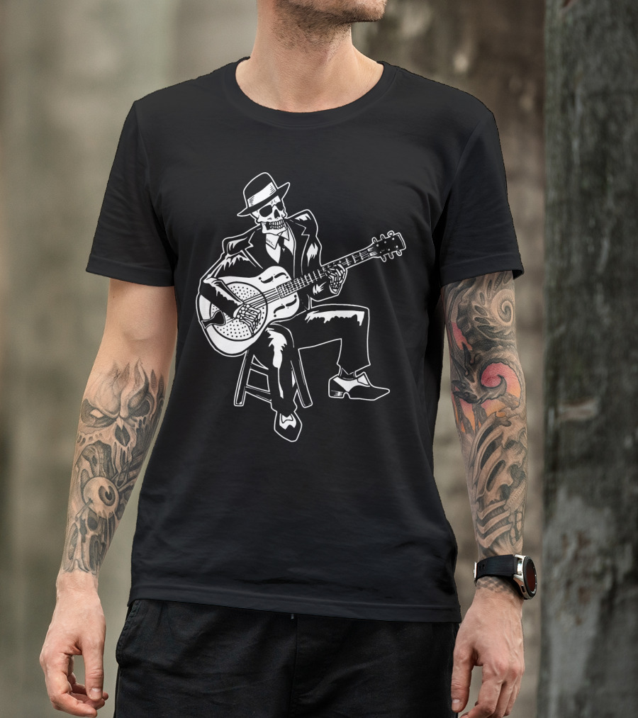 Blues Music Skeleton Playing Guitar With Fedora And Suit T-Shirt