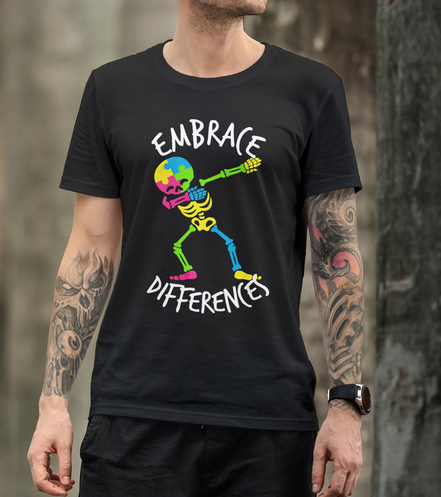 Embrace Differences Autism Awareness Colorful Skeleton Dabbing T-Shirt