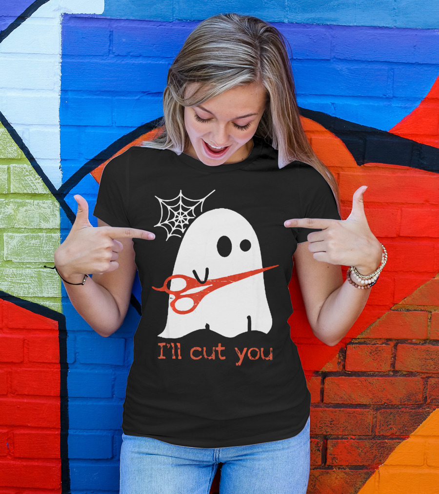 Halloween Ghost I'll Cut You Boo With Scissors And Spiderweb T-Shirt