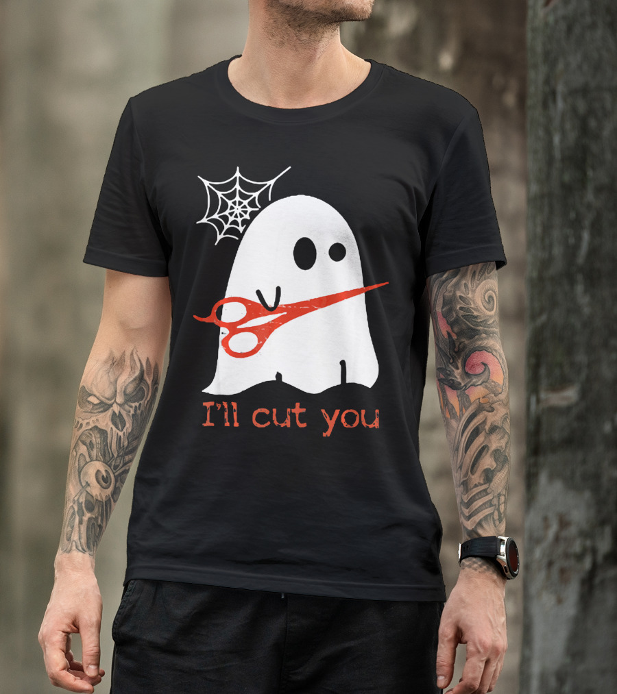 Halloween Ghost I'll Cut You Boo With Scissors And Spiderweb T-Shirt