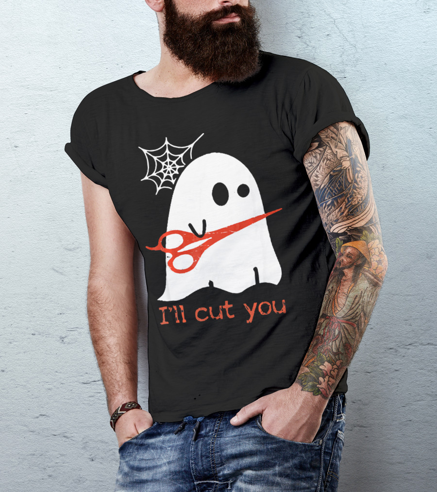 Halloween Ghost I'll Cut You Boo With Scissors And Spiderweb T-Shirt